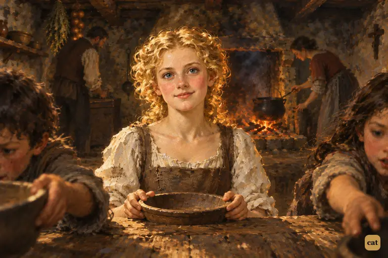 Little Elizabeth sits among her hungry foster siblings at a cottage table by Lake Como