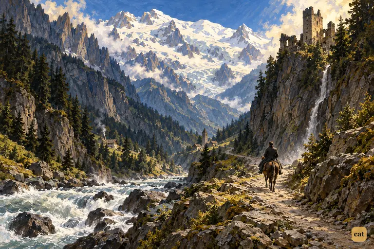 In the Arve ravine, a tiny rider on a mule climbs past a ruined castle and raging river