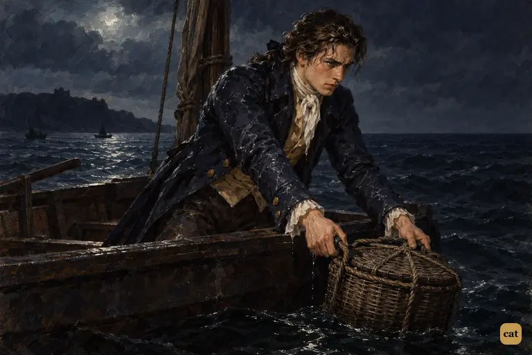 Under a clouded moon, Victor lowers the stone-weighted basket into the black sea