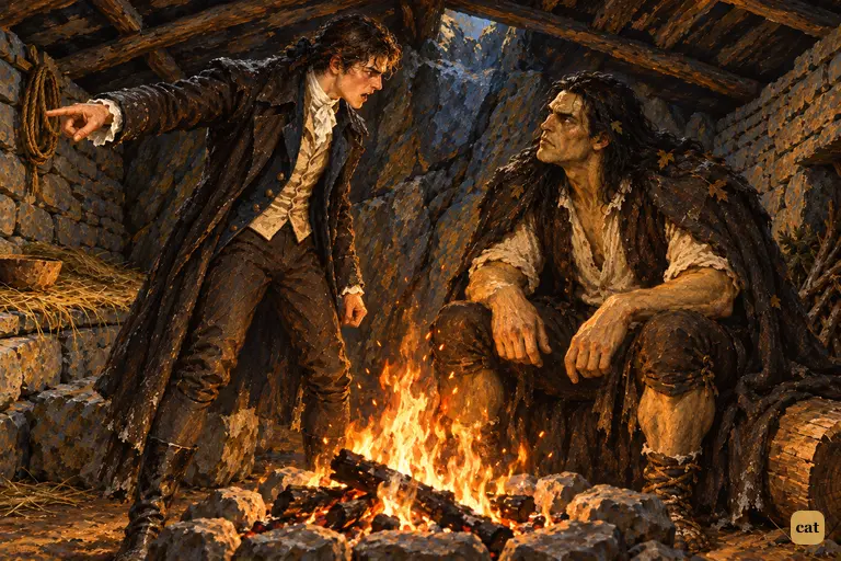 In the herdsman's hut, Victor jumps to his feet and shouts across the flaring fire