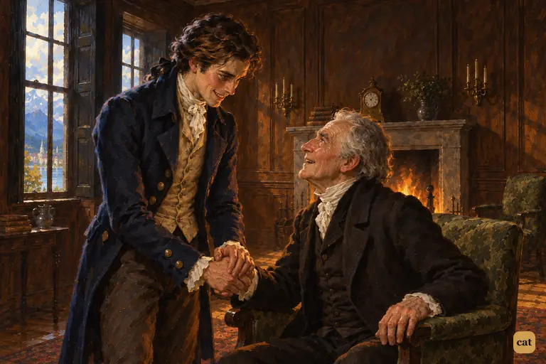By the firelit hearth, Victor smiles and clasps his father's hand as he agrees to marry in ten days.