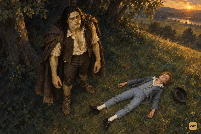 In blue dusk, the Creature stands frozen over William's small, still body in the grass