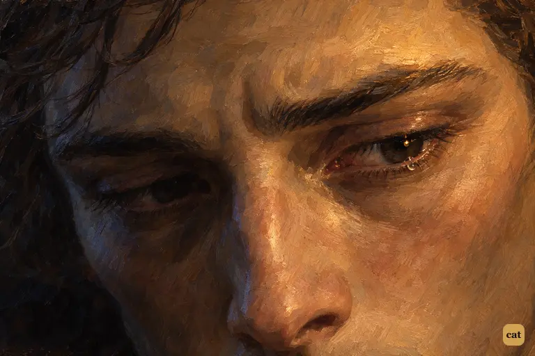 At the last words of his confession, Victor Frankenstein's eyes sink toward his hands.