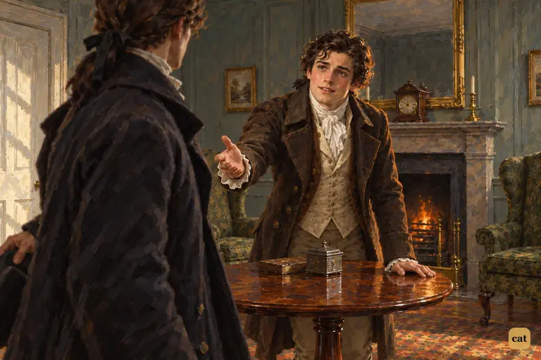 In a parlour in Perth, Clerval reaches out to Victor and asks him to come back soon