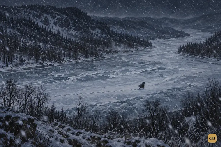 On a starless winter night, the Creature crosses a vast frozen river in falling snow