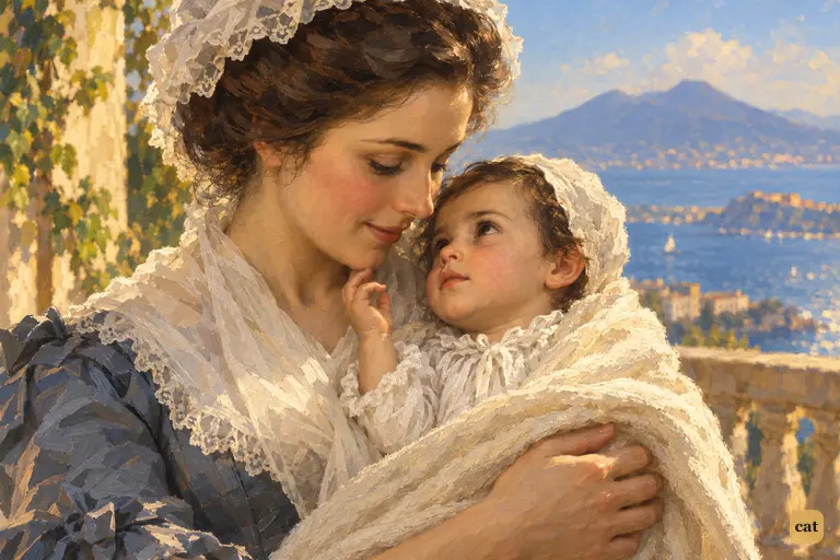 On a terrace above the Bay of Naples, Caroline holds her infant son to her cheek