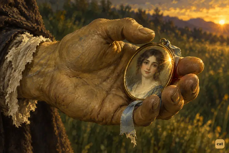 The stolen gold miniature of a lovely woman rests in the Creature's huge, dirty palm