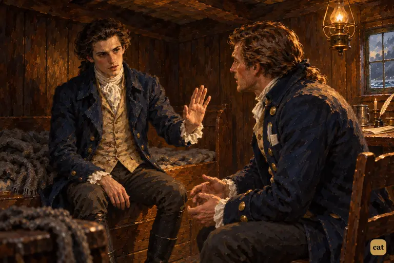 In the captain's cabin, the wasted stranger raises a hand to stop Walton's sympathy