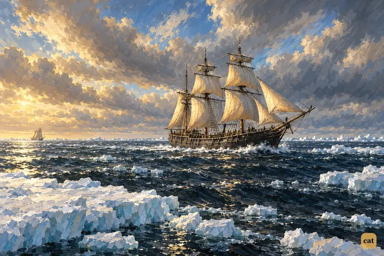 On July 7th, a three-masted ship sails north through dark water and drifting ice