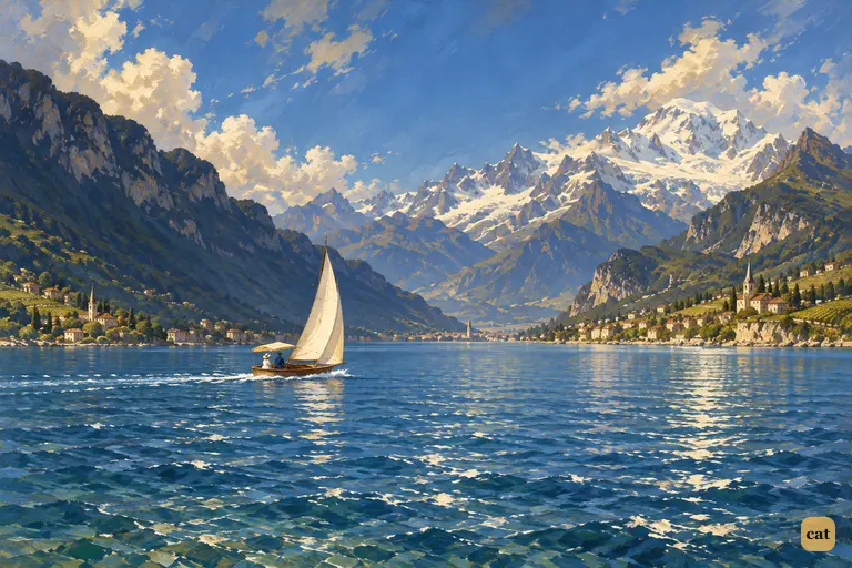 The wedding boat crosses the sunlit Lake of Geneva between the Jura and Mont Blanc