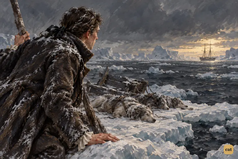 On a shrinking floe by his dead dogs, Victor stares in disbelief at a distant ship