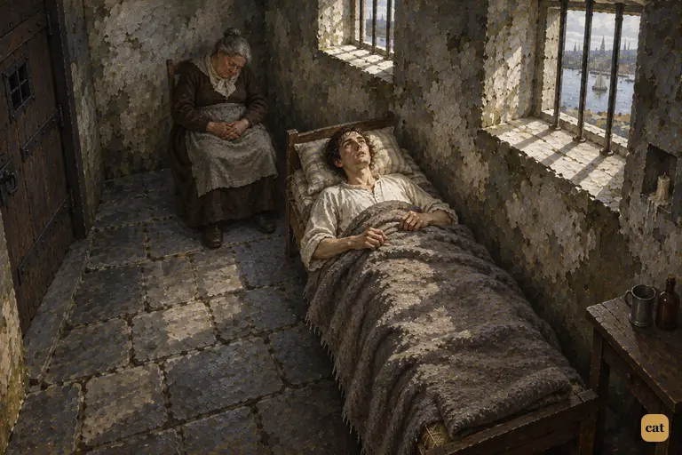 After two months of fever, Victor wakes in prison and stares up at the barred windows