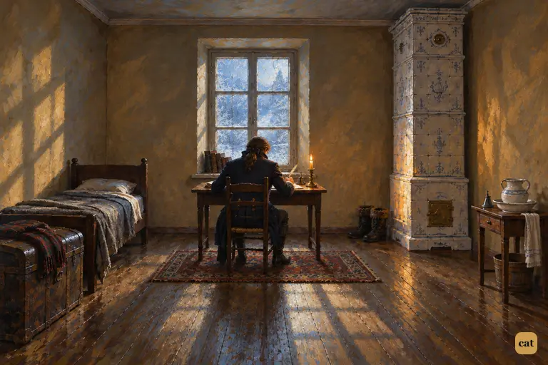 Robert Walton sits at a table under a frosted window in a bare St. Petersburgh room
