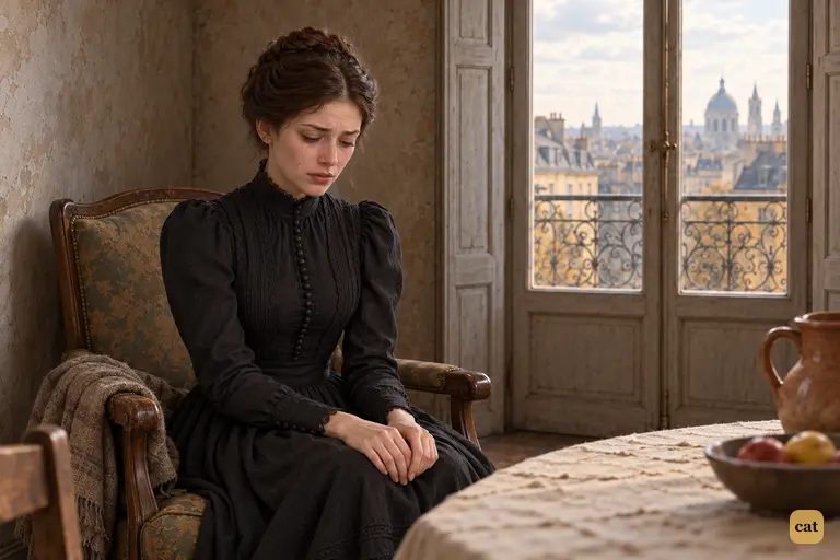 Seule dans son logis modeste, Mathilde pleure, les yeux baissés vers ses mains.