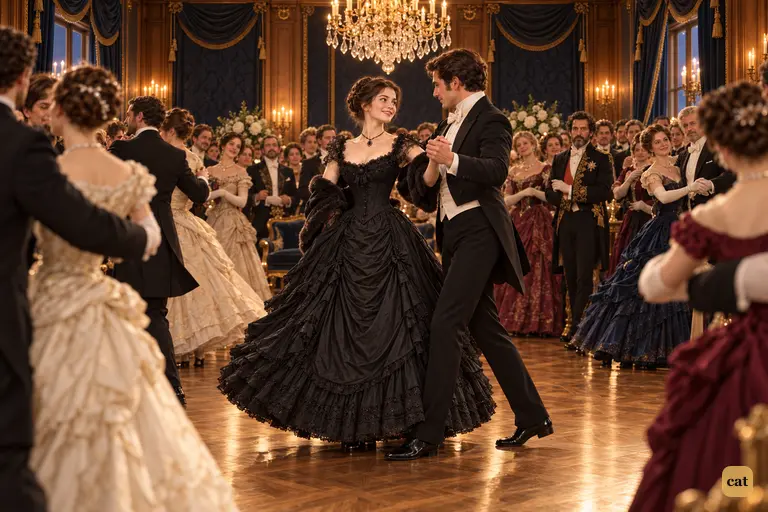 Au cœur du bal, Mathilde tourne dans la valse, portée par l’ivresse de la danse et les regards admiratifs qui convergent vers elle.