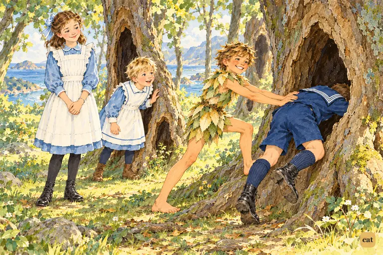 Peter shoves a wedged John into his hollow tree as Wendy and Michael watch