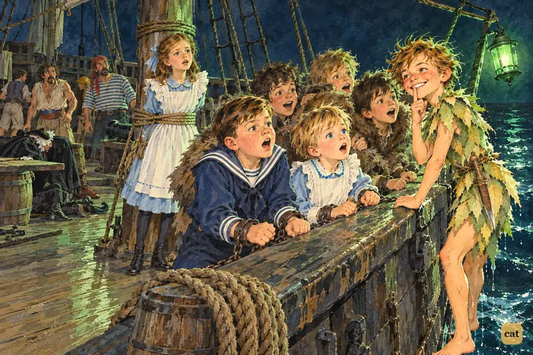 Wendy and the chained boys stare in joy as Peter rises over the bulwark, finger to lips