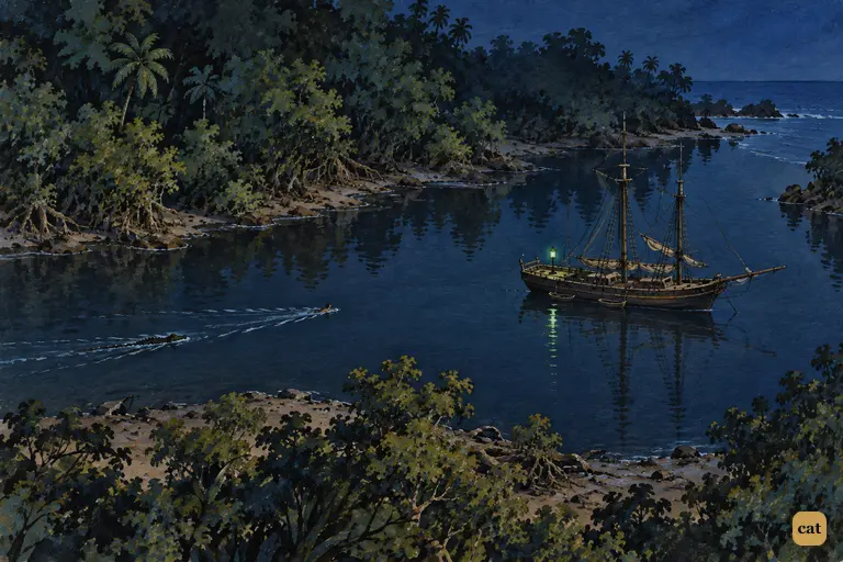 A tiny swimmer crosses Kidd's Creek toward the pirate brig, a second wake trailing him