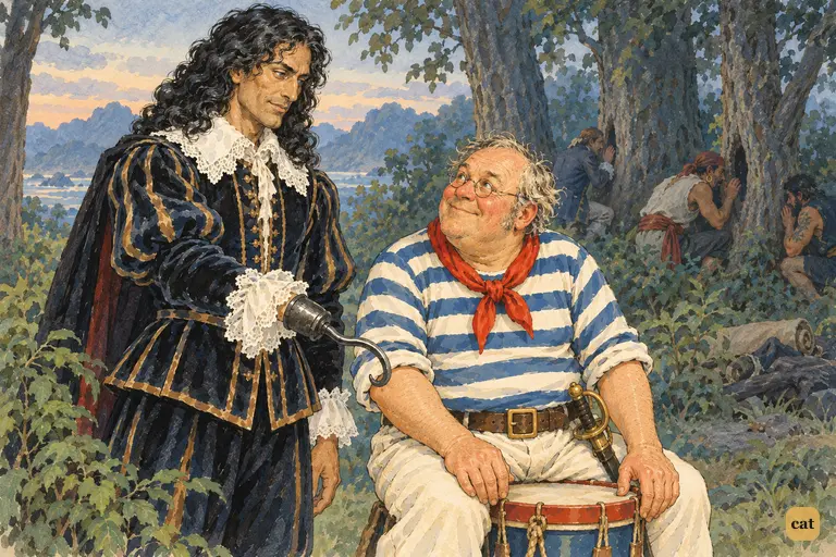 Captain Hook silently points his hook at the drum under Smee, who grins in admiration