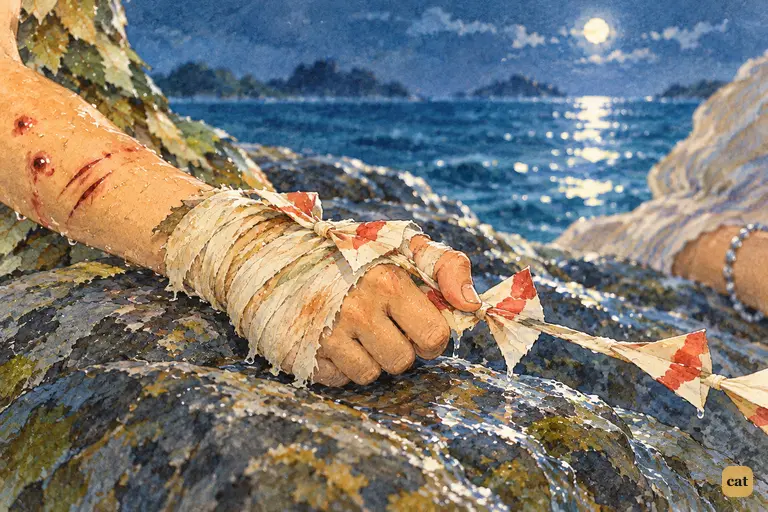 On the drowning rock, a bitten, bandaged hand grips the paper tail of Michael's kite