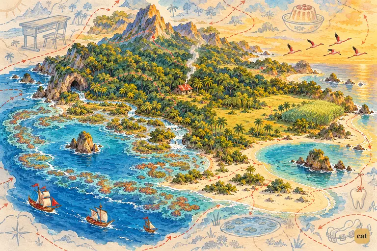 A storybook map of a child's mind: a crowded Neverland island with zigzag roads