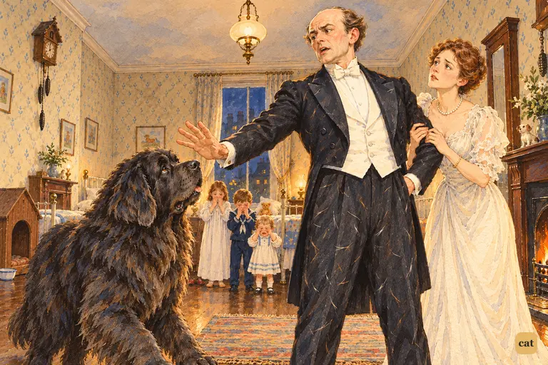 Puffed up with false courage, Mr. Darling waves Nana away as the children weep behind