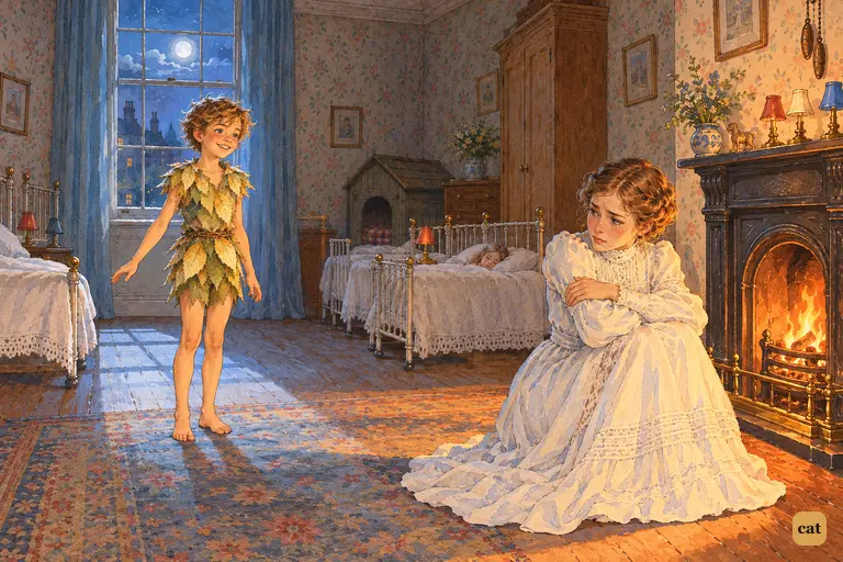 Grown Wendy, by the nursery fire, looks at Peter, unchanged in the moonlight