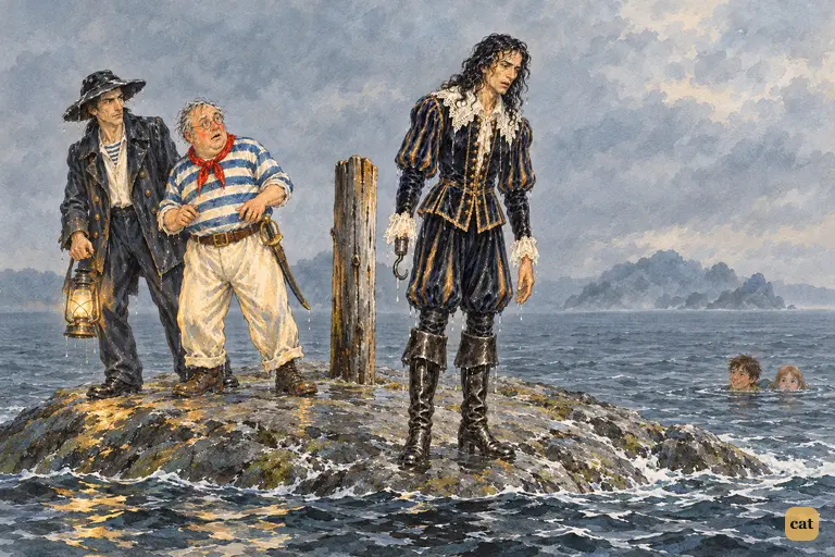 Hook's pride breaks as a hidden voice calls him a codfish; Smee and Starkey recoil