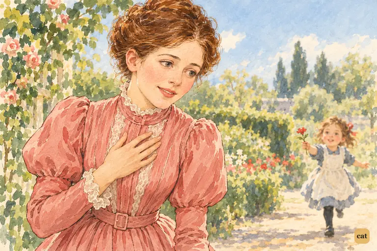 Mrs. Darling presses a hand to her heart as little Wendy runs to her with a flower