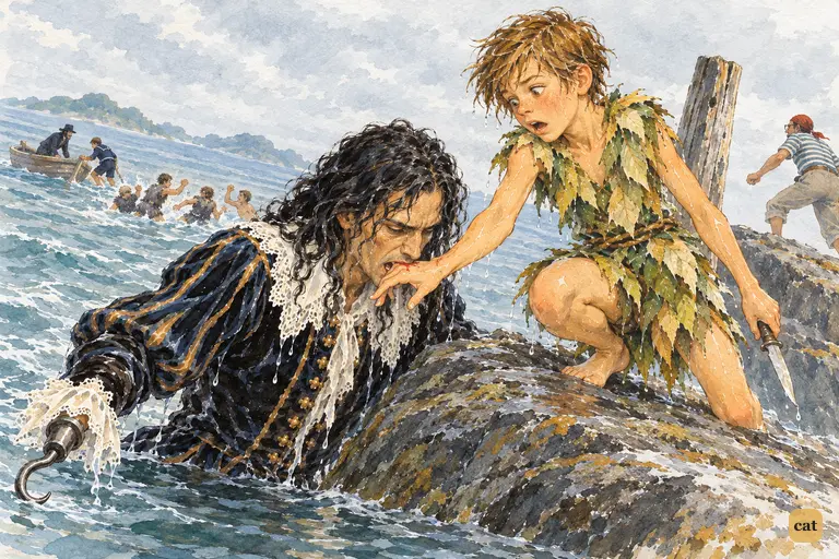 On Marooners' Rock, Hook bites the hand Peter offers him