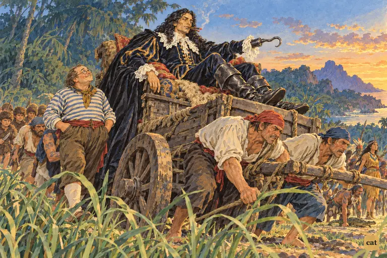At dusk, Captain Hook reclines in a chariot hauled by his crew, his iron hook raised