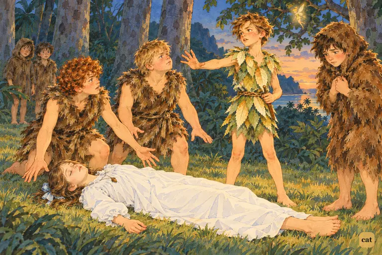 In the dusk glade, Peter holds up a solemn palm to stop the boys from lifting the unconscious Wendy.