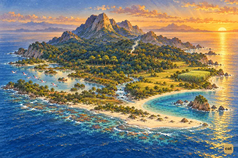 The Neverland seen whole from high above at dusk, a compact island in a warm sea.