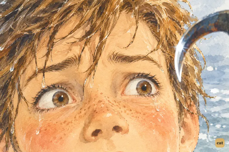 Peter's wide, wounded eyes as Hook's iron claw swings in at the edge