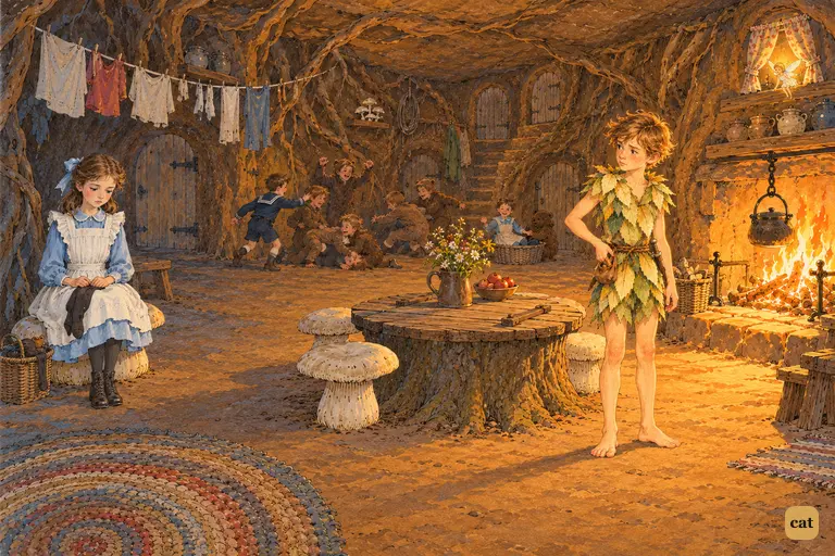 Hurt, Wendy sits alone on a mushroom stool at the shadowed end of the underground home