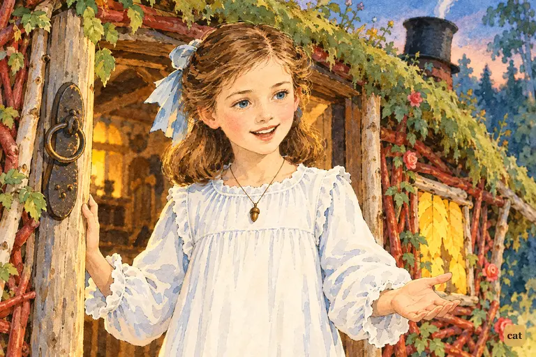 Wendy beckons the kneeling boys into the little house with a firm, motherly smile