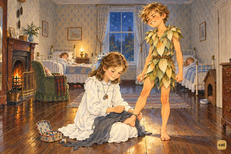 Wendy stitches Peter's shadow to his foot as he clenches his teeth and refuses to cry