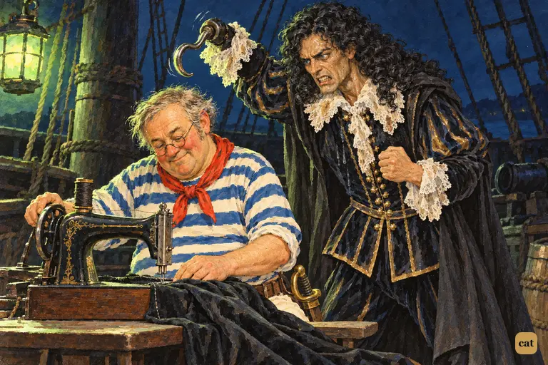 Hook's iron claw trembles above the bowed head of Smee, humming at the sewing machine