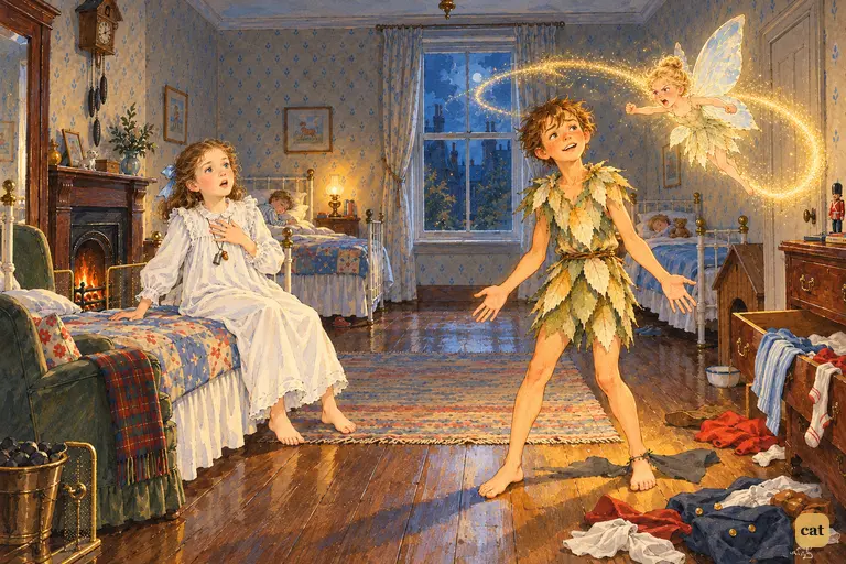 Tink bursts furious from the drawer as Peter spreads his palms and Wendy shrinks back