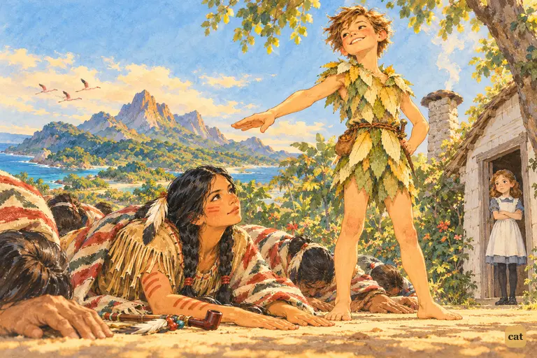 Peter stands lordly as Tiger Lily and her braves lie at his feet and Wendy watches