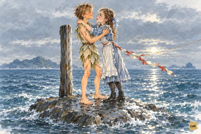 On the shrinking rock in the cold lagoon, Peter pushes a clinging Wendy away into the kite's lift.