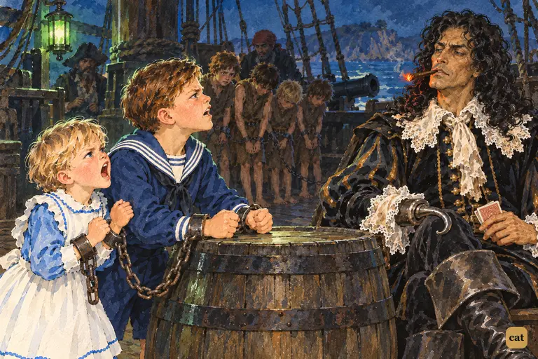 Chained John slams the barrel before the pirate captain as his little brother refuses too