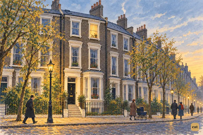 The narrow Darling house in its London terrace at dusk, one warm window glowing high