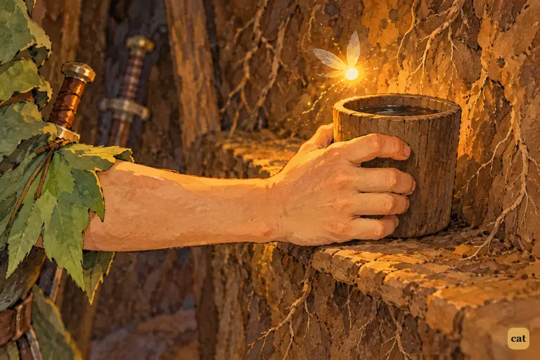 A boy's hand closes round a wooden cup as a tiny light flickers behind it in warning