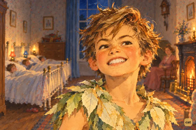 Peter Pan gnashes his pearly milk teeth at the grown-up woman by the nursery fire