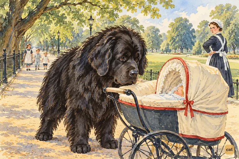 Nana peers gravely into a pram in Kensington Gardens as a cross nursemaid glares