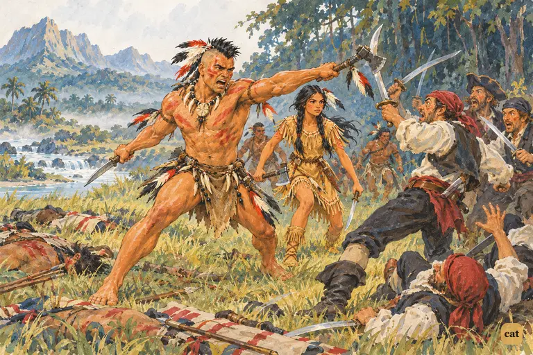 Panther breaks the pirate line with his tomahawk as Tiger Lily steps through the gap