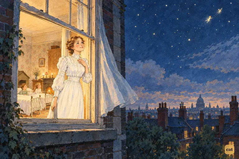 Grown Wendy watches her daughter and Peter dwindle into the starry sky