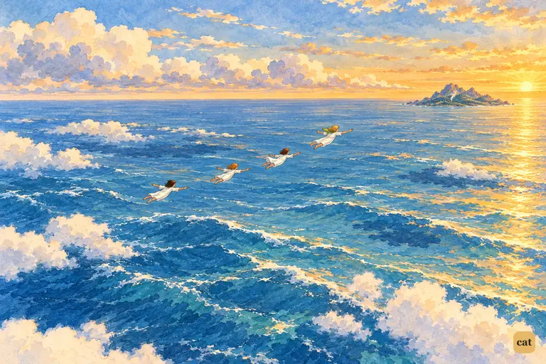 Four tiny children glide across a vast sea toward a faint island on the horizon
