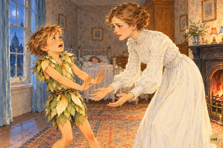 The lamp is turned up and Peter sees that Wendy has grown.